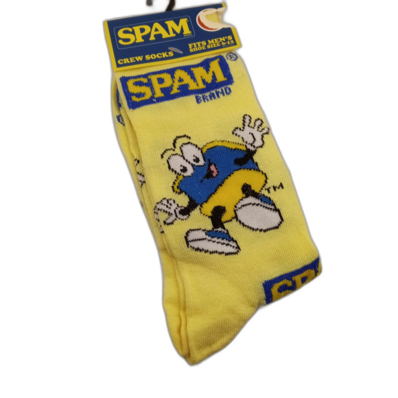 Retro SPAM Crew Socks Novelty Email Canned Meat Yellow Blue Mascot Men Shoe 6-12 - Picture 1 of 3